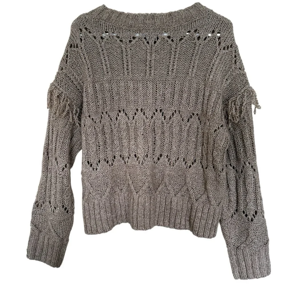 Old Navy Women Textured Fringe Sweater Size M Tan Relaxed Fit Boho Chic Festival